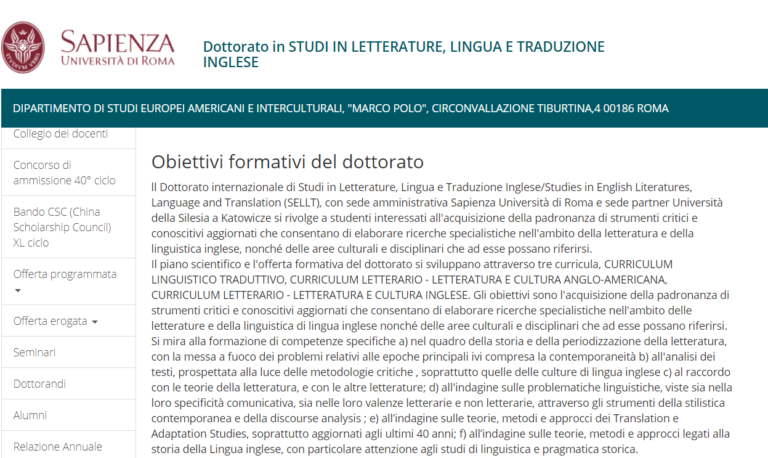 CALL FOR PHD APPLICATIONS – SAPIENZA SILESIA PHD IN “STUDIES IN ENGLISH LITERATURES, LANGUAGE AND TRANSLATION”