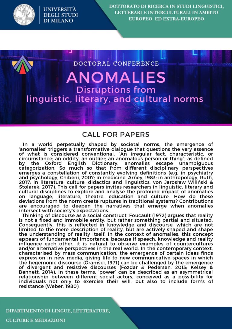CALL FOR PAPERS: ANOMALIES. DOCTORAL CONFERENCE. Disruptions from linguistic, literary, and cultural norms