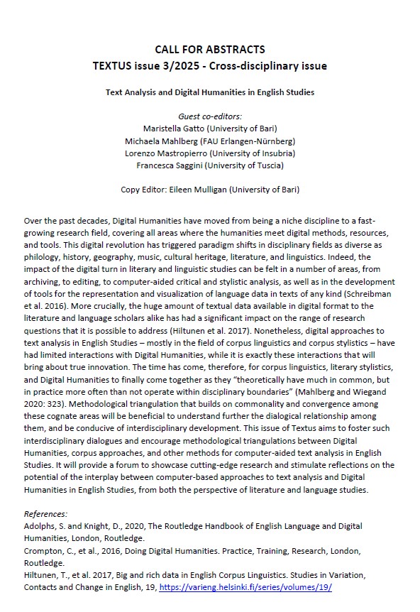 Call for abstracts – Textus issue 3/2025 – Cross-disciplinary issue – “Text Analysis and Digital Humanities in English Studies”