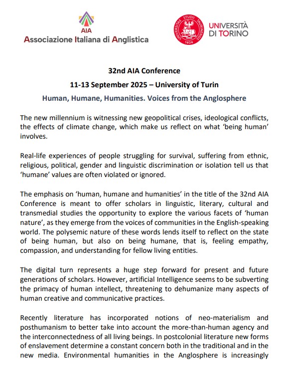 *** 32nd AIA Conference *** 32nd AIA Conference – 11-13 September 2025 – University of Turin – “Human, Humane, Humanities. Voices from the Anglosphere”