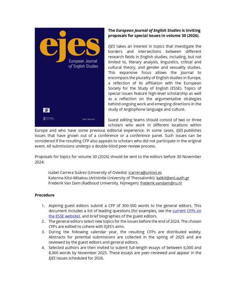 European Journal of English Studies (EJES) – Call for proposals for special issues