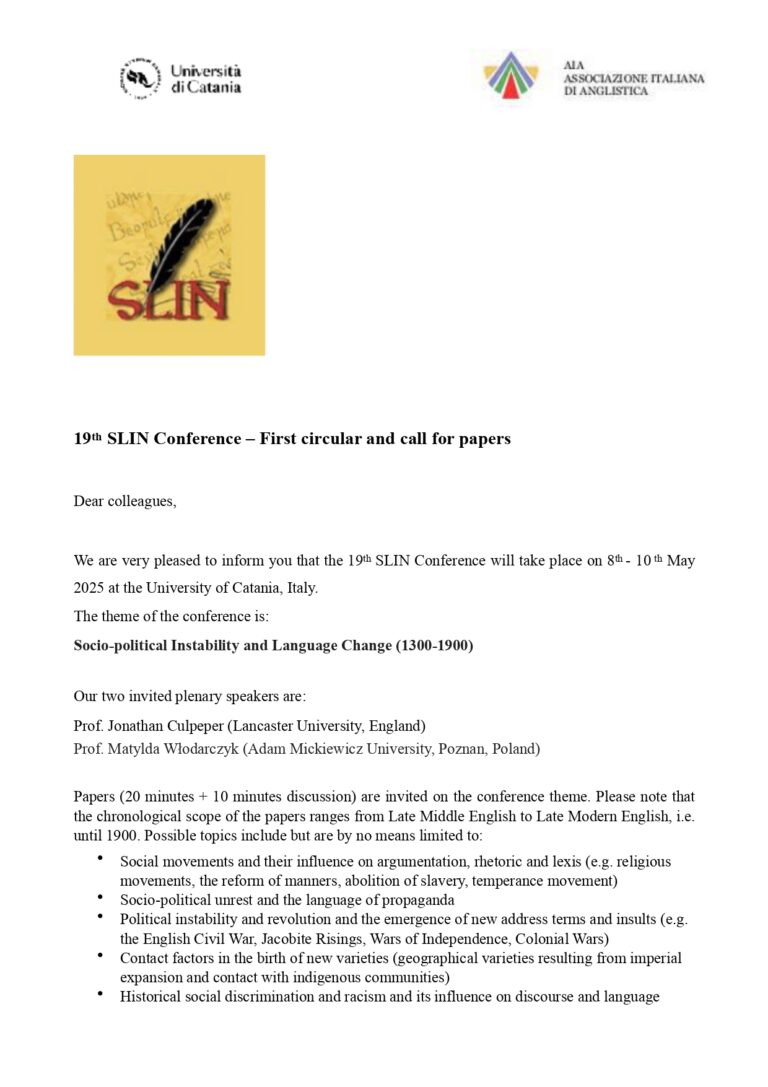 19th SLIN Conference “Socio-political Instability and Language Change (1300–1900)”