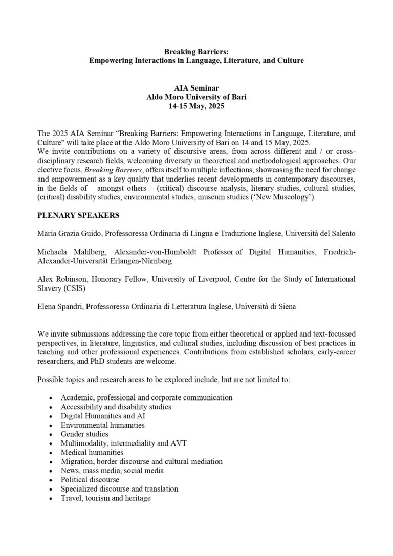 CALL FOR PAPERS — AIA SEMINAR, Bari, 14-15 May 2025