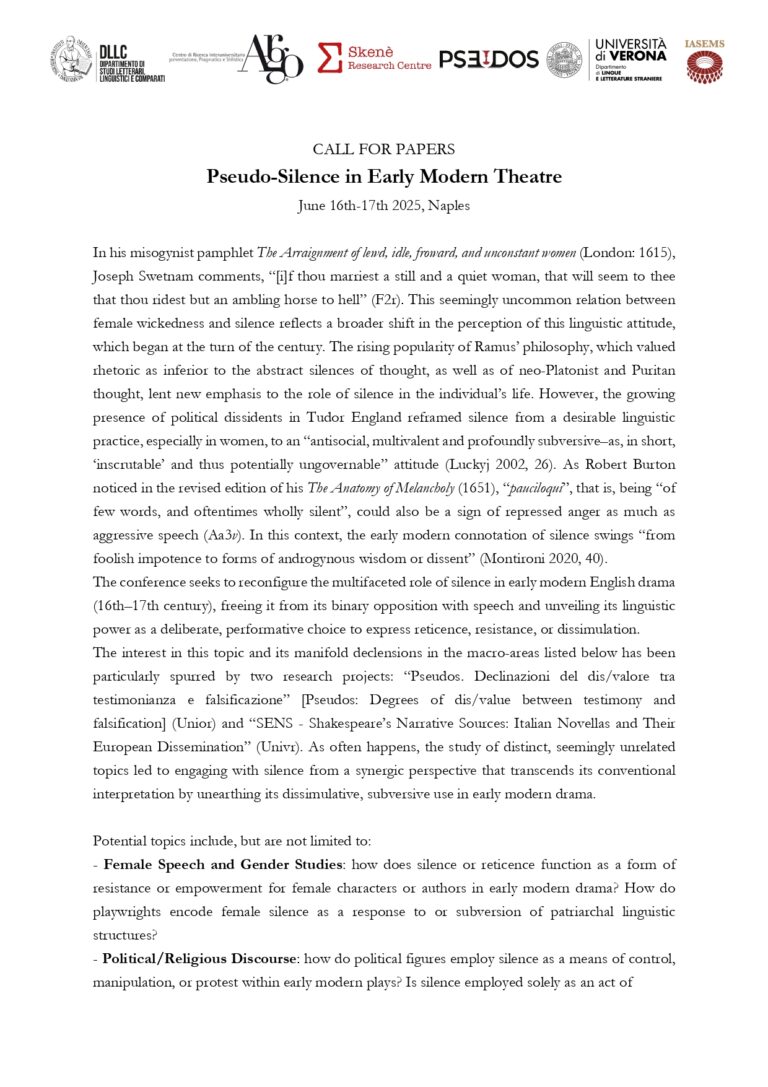 CALL FOR PAPERS Pseudo-Silence in Early Modern Theatre