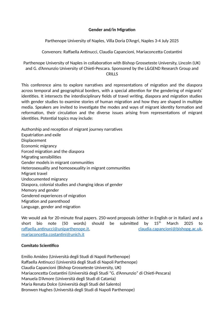 CALL FOR PAPERS: Gender and/in Migration – Parthenope University of Naples